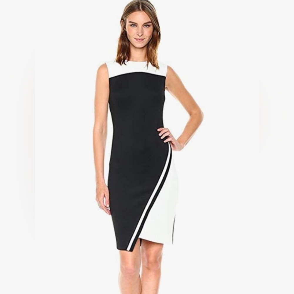 Tommy Hilfiger Knee-Length Sheath Dress 16 Black White Colorblock Scuba Stretch